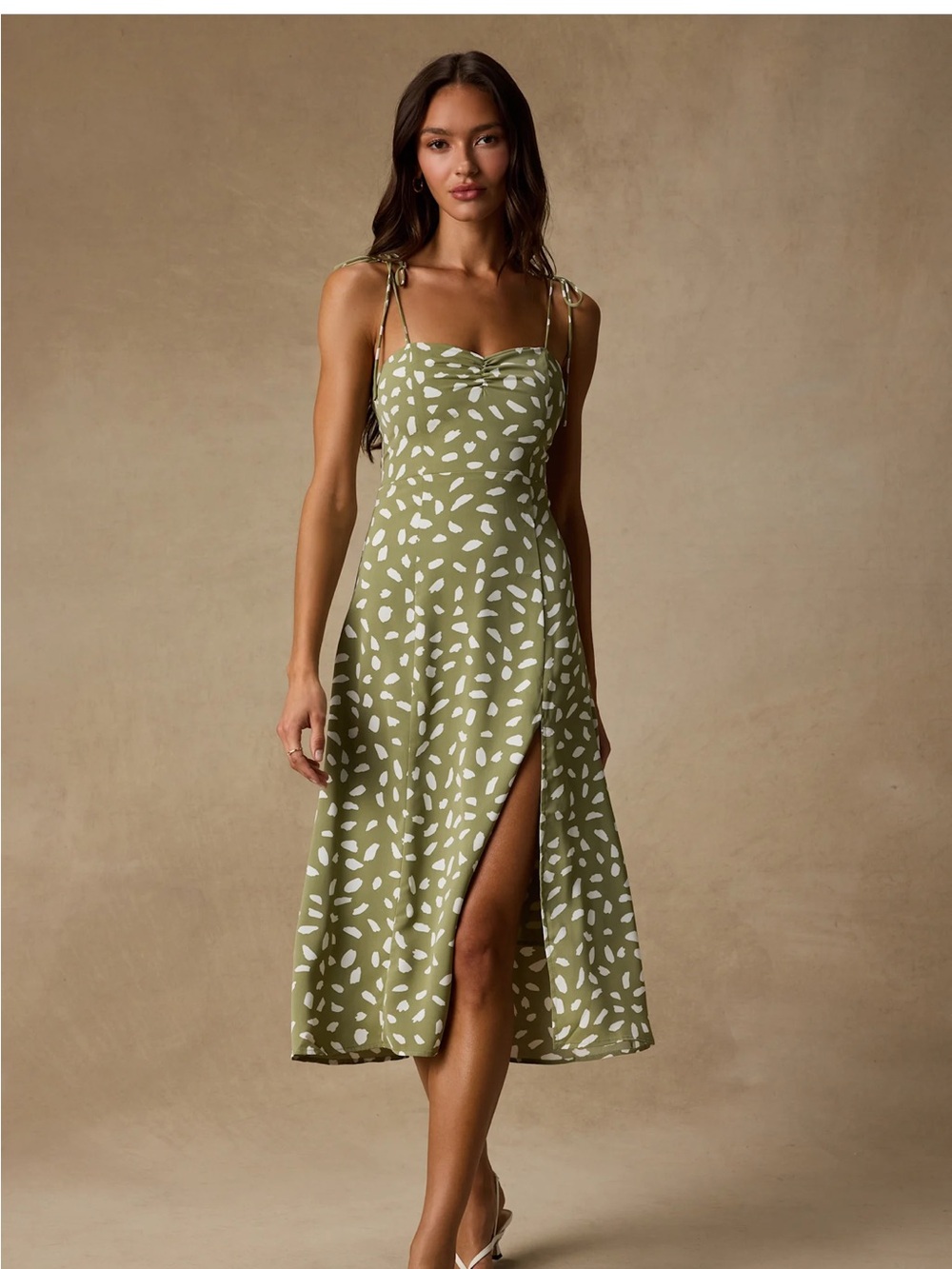 Lulu's Sage Green & White Printed Tie-Strap Midi Dress Party In Paris Small